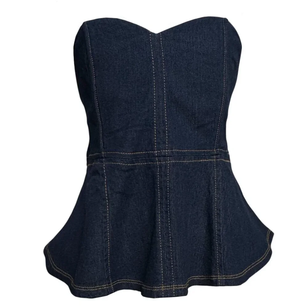 EMERSON LANG DENIM BUSTIER FIT AND FLARE STRAPLESS FESTIVAL COQUETTE GLAM MEDIUM - Picture 1 of 5